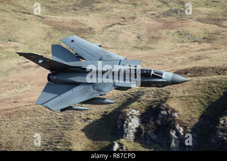 RAF Tornado GR4, of 41 Squadron, on a low level training flight in the mach loop area of Gwynedd, Wales, United Kingdom.