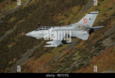 RAF Tornado GR4 on a low level training flight in the mach loop area of Wales, UK.  The aircraft has the markings of XV Squadron.