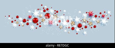 Web Banner Social Media template. Winter decoration with snowflakes, stars and baubles festive luxury background Stock Vector