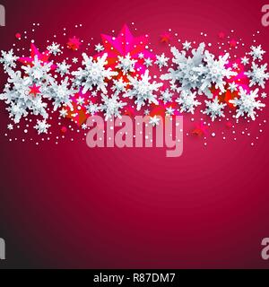 Realistic shine Banner with place for text template. Shine winter decoration on red bright background with snowflakes and stars Stock Vector