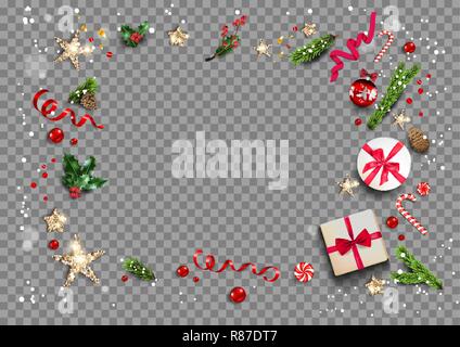 Holiday card with festive card and decorations balls, stars, snowflakes on transparent background. Christmas festive template. Stock Vector