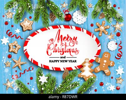Holiday illustration with baubles, gingerbreads, stars, snowflakes on wood background. Christmas festive template with Christnas tree branches. Stock Vector