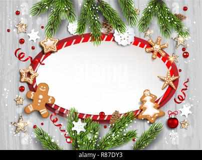 Holiday illustration with baubles, gingerbreads, stars, snowflakes on wood background. Christmas festive template with Christnas tree branches. Stock Vector