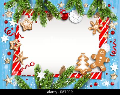 Holiday illustration with baubles, gingerbreads, stars, snowflakes on wood background. Christmas festive template with Christnas tree branches. Stock Vector