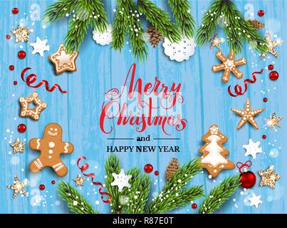 Holiday illustration with baubles, gingerbreads, stars, snowflakes on wood background. Christmas festive template with Christnas tree branches. Stock Vector
