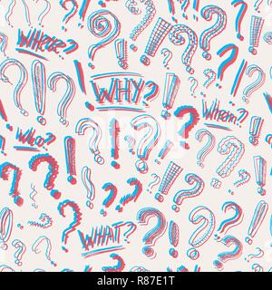 Question exclamation mark Seamless pattern.. Doodle style. Collection of icons and signs Why. Engraved hand drawn sketch. Abstract vector. Stock Vector