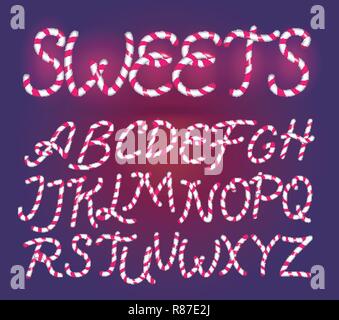 Candy cane Font. Sweet comic Alphabet Set. Isolated. Lettering template. Pink Sugar kids. Cartoon Vector illustration for party poster or labels. Merry Christmas. Stock Vector