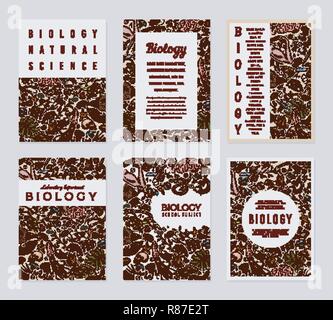 Biology cards. Science templates and banners. Poster for book, print or web site. Biochemistry Research. Medicine in school. Education and Science. engraved hand drawn in old sketch vintage style. Stock Vector