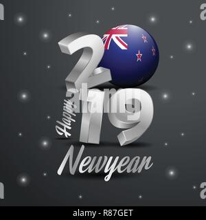 2019 Happy New Year New Zealand Flag Typography. Abstract Celebration background Stock Vector