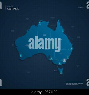 Vector Australia map illustration with blue neon lightpoints - triangle on dark blue gradient background. Administrative divisions Stock Vector