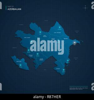 Vector Azerbaijan map illustration with blue neon lightpoints - triangle on dark blue gradient background. Administrative divisions Stock Vector
