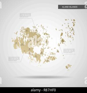 Stylized vector Aland Islands map.  Infographic 3d gold map illustration with cities, borders, capital, administrative divisions and pointer marks, sh Stock Vector