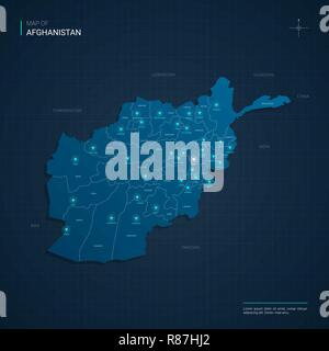 Vector Afghanistan map illustration with blue neon lightpoints - triangle on dark blue gradient background. Administrative divisions Stock Vector