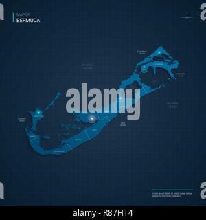 Vector Bermuda map illustration with blue neon lightpoints - triangle on dark blue gradient background. Administrative divisions Stock Vector