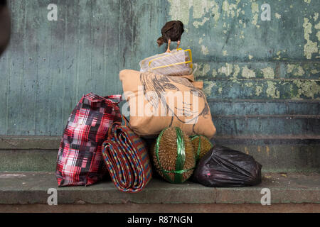 Luggage with a chicken at the Central Railway station in Yangon, Myanmar. Stock Photo