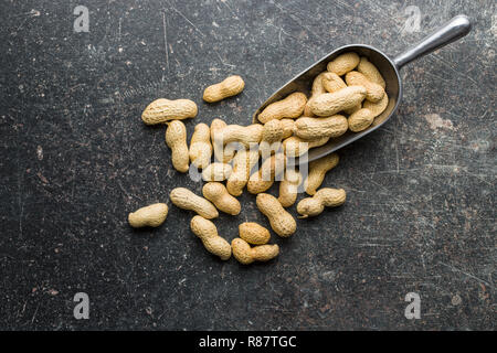 The dried peanuts. Groundnuts in scoop on old table. Top view. Stock Photo