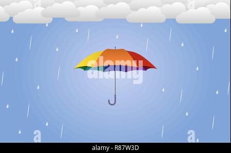 Colorful umbrella vector illustration in rain - flat design Stock Vector