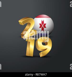 2019 Golden Typography with Mordovia Flag. Happy New Year Lettering Stock Vector