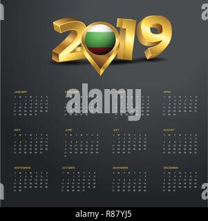 2019 Calendar Template. Bulgaria Country Map Golden Typography Header Stock Vector