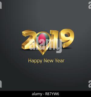 Happy New Year 2019 Golden Typography with Bangladesh Flag Location Pin. Country Flag  Design Stock Vector