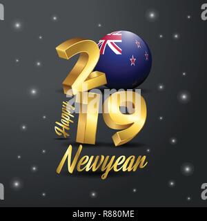 2019 Happy New Year New Zealand Flag Typography. Abstract Celebration background Stock Vector