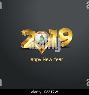 Happy New Year 2019 Golden Typography with Lebanon Flag Location Pin. Country Flag  Design Stock Vector