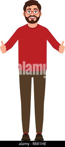 Bearded guy smiles, man shows thumb, good mood, expresses positive emotion, character in a flat style vector illustration Stock Vector