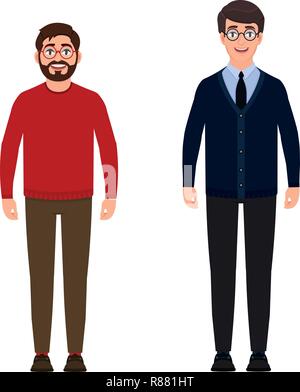 Two men are standing, a bearded man in a red sweater, a tall young guy in a suit, people are smiling, a good mood, characters in a flat style Stock Vector