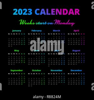 Simple 2023 year calendar on the black background Stock Vector Art &amp; Illustration, Vector Image