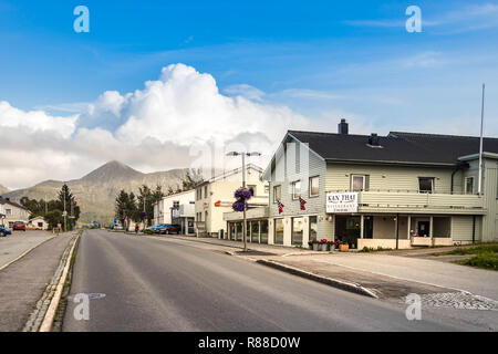Leknes, Norway - August 23th, 2018: The road Storgata, the main street to the city centre in Leknes, Norway. Stock Photo