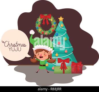 elf woman with christmas tree and gifts Stock Vector