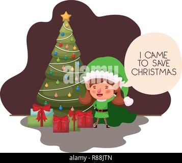 elf woman with christmas tree and gifts Stock Vector