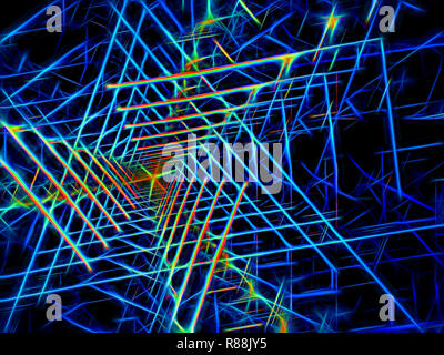 Neon glowin tunnel - abstract computer-generated 3d illustration. Concept fractal background for vr, sci fi or future technology design projects. Stock Photo