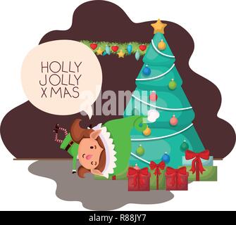 elf woman with christmas tree and gifts Stock Vector