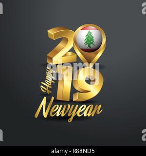 Happy New Year 2019 Golden Typography with Lebanon Flag Location Pin. Country Flag  Design Stock Vector