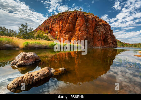 Reflections of Glen Helen Gorge in the amazing MacDonnell Ranges. Stock Photo