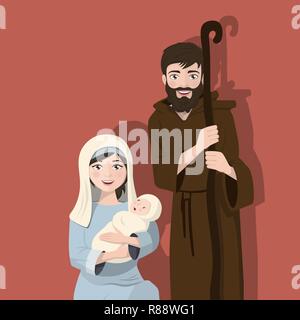 Holy family on a flat background. Christmas nativity scene. Birth of Christ. Vector illustration Stock Vector