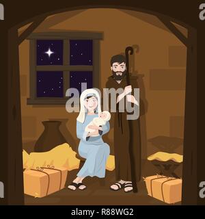 Holy family. Christmas nativity scene. Birth of Christ. Vector illustration Stock Vector