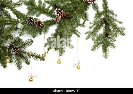 Background with christmas tree branches and hanging glitter balls