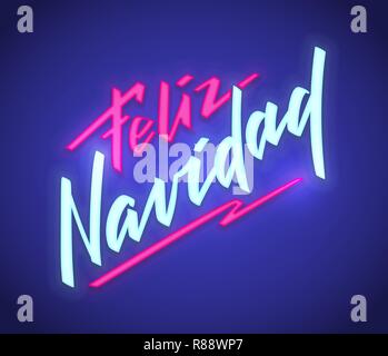 Feliz Navidad - Merry Christmas from Spanish, neon text sign. Vector background. Neon glowing signboard, bright luminous banner with lettering in hand-written style. For foto overlay, decoration. Stock Vector