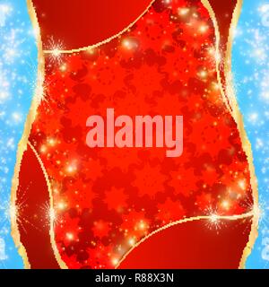 Festive red Christmas background with golden torn lines and snowflakes, decoration border frame, blank for card, banner with corners,EPS 10 Stock Vector