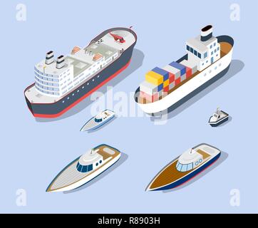 Isometric models of ships, yachts, boats and sea freight vehicles industry Stock Vector
