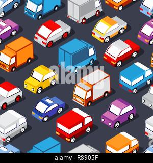 Seamless pattern of cars and trucks city transport industry Stock Vector