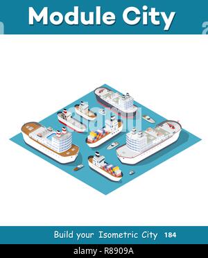 Isometric models of ships, yachts, boats and sea freight vehicles industry Stock Vector