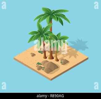 Natural Desert landscape isometric palm trees with tropical landscape with sand and rocks Stock Vector