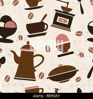 Seamless repeating tile pattern with elements of coffee, cafe, breakfast, menu, coffeepot Stock Vector