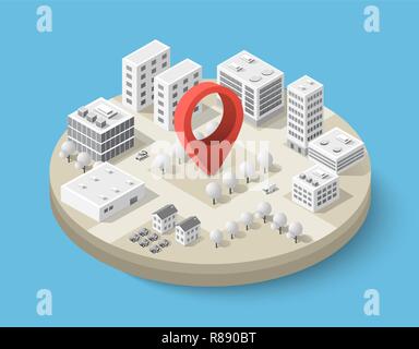 Isometric pin icon on the navigation map for positioning travel and transport Stock Vector