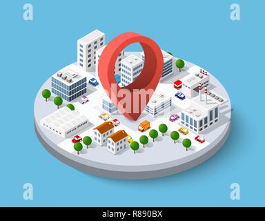 Isometric pin icon on the navigation map for positioning travel and transport Stock Vector