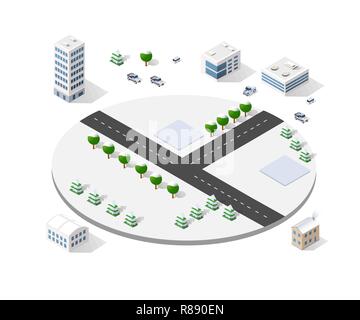 Set of isometric objects and elements for construction and constructing the urban area of the city infrastructure with transport, streets, houses and  Stock Vector