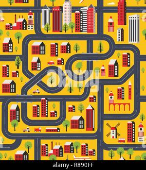Seamless repeating cartoon pattern in urban style with roads, streets, houses in flat style Stock Vector